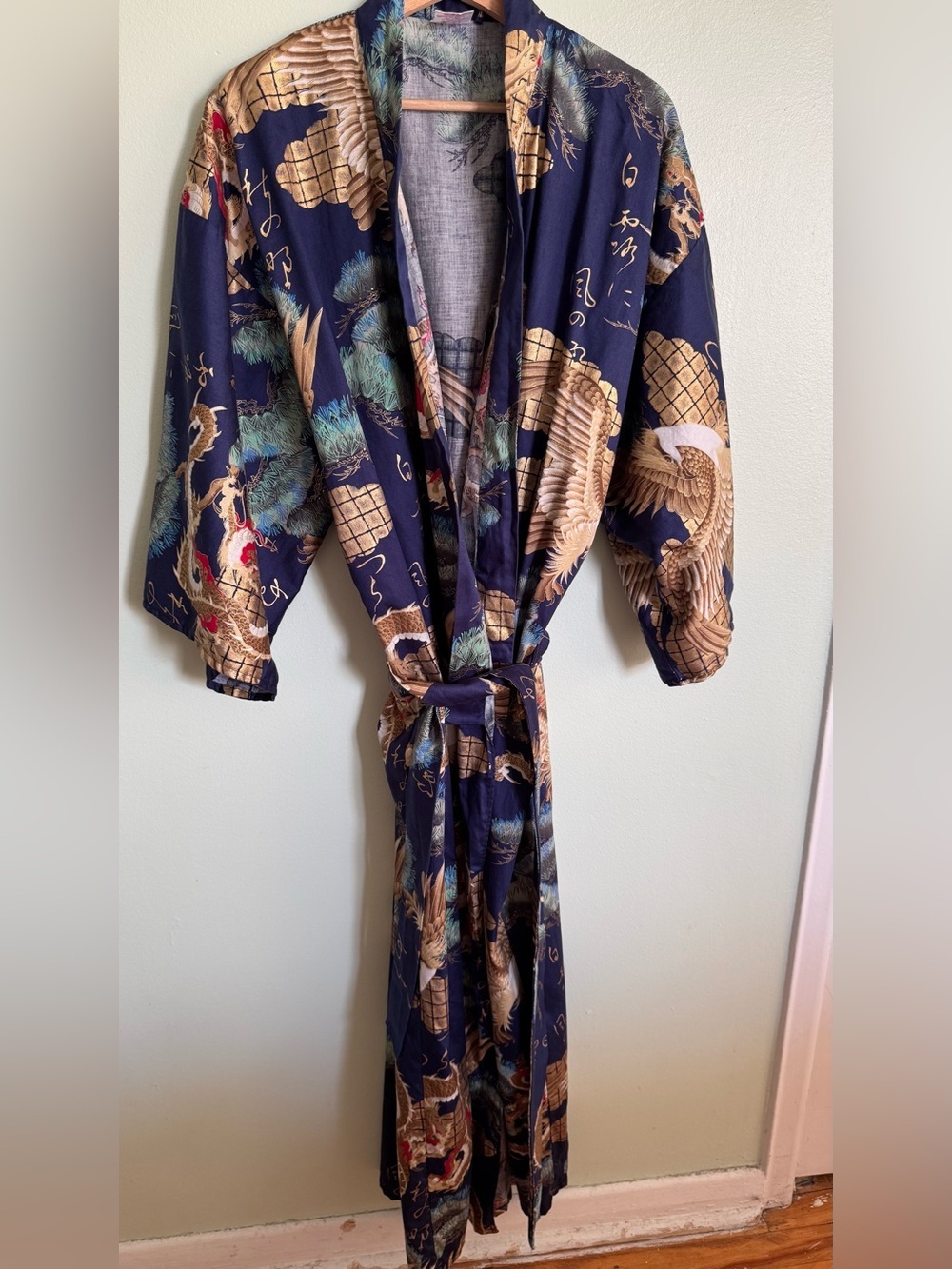 Coton Navy Dragon Print Kimono Robe